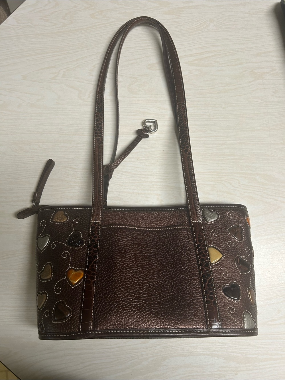 Brighton Brown Pebbled Leather Shoulder Bag with Multicolor Heart Appliqués